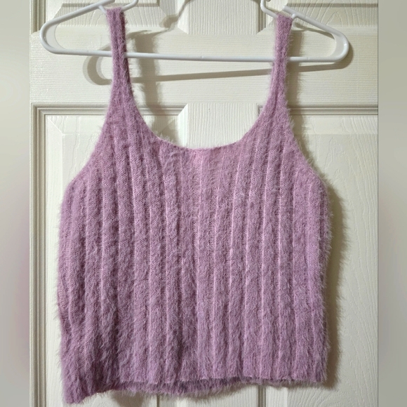 She + Sky Cropped Lavender Fuzzy Eyelash Ribbed Sweater Tank, Button Detail, EUC - Picture 2 of 6